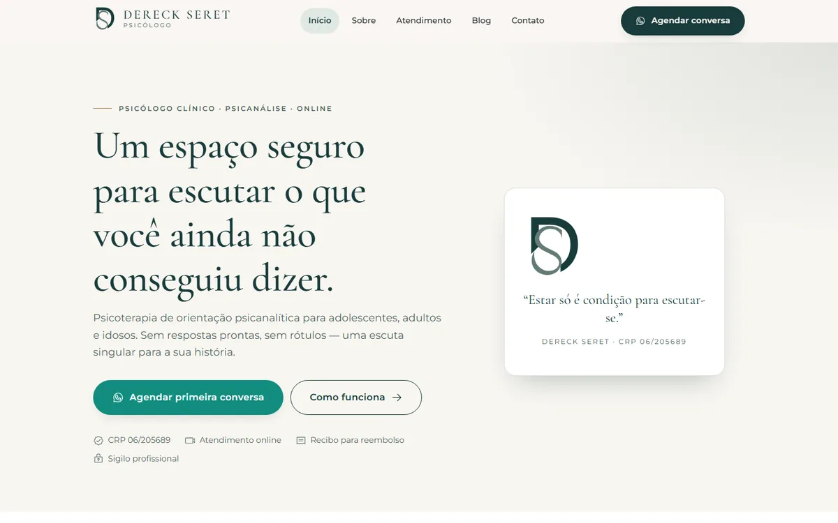 Tela do projeto Dereck Seret · Psicólogo